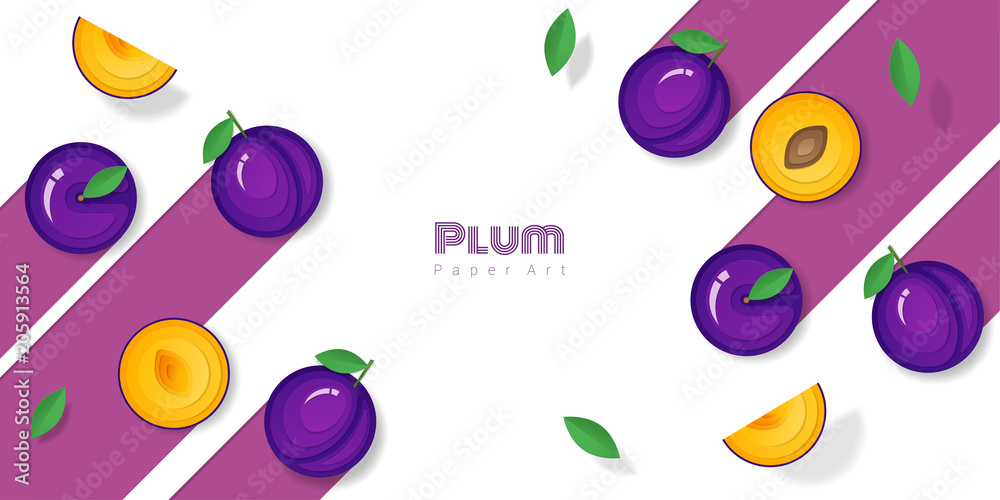 Fototapeta Fresh plum fruit background in paper art style , vector , illustration