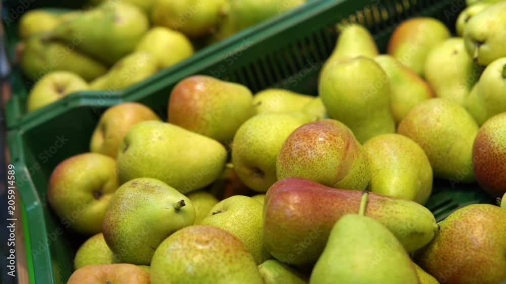 Someone selects pears in the supermarket. Female hand chooses green fruits in the vegetable department at the grocery store. Someone selects pears in the supermarket. Female hand chooses green fruits in the vegetable department at the grocery store.