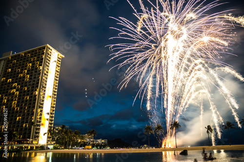Firework at the Waikiki Beach at night in Honolulu / Hawaii