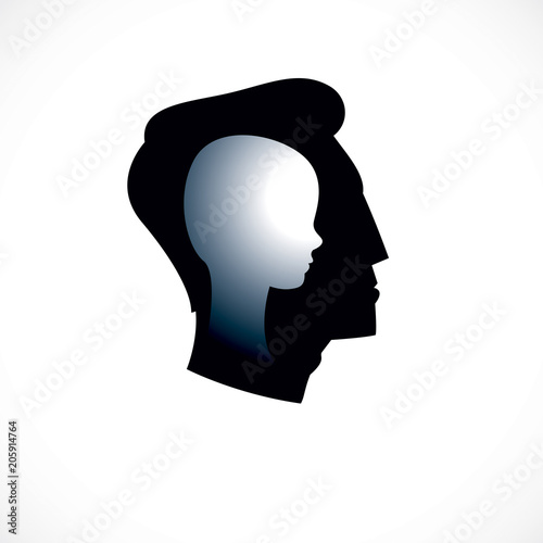 Psychology vector logo created with man head profile and little child boy inside, inner child concept, origin of human individuality and psychic problems. Psychotherapy and psychoanalysis concept.