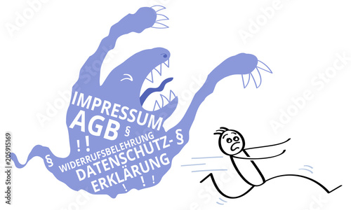 Schreckgespenst Onlineshop, Rechtstexte, Monster jagt Strichmännchen, Impressum, AGB, Datenschutz