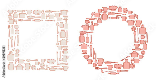 kitchenware in round and quadrate groups - vector illustration