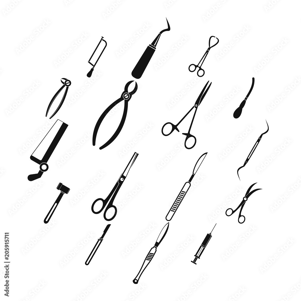 Surgeons tools icons set. Simple illustration of 16 surgeons tools vector icons for web Surgeons tools icons set. Simple illustration of 16 surgeons tools vector icons for web