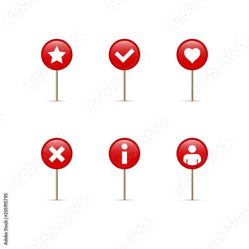 Red Round Map Pins with Simple Icons. Favourite, Choice, Like. Ban or Close, Information, Person. Vector Set