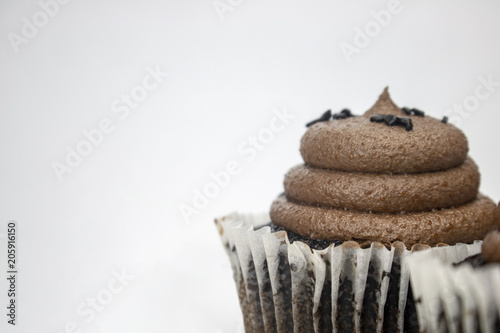 A chocolate cupcake on an isolated white background with room for text