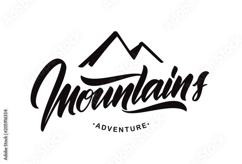 Handwritten Modern brush type lettering composition of Mountains adventure.