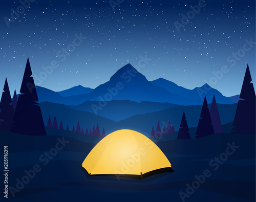 Night Flat Mountains landscape with tent camp on foreground.