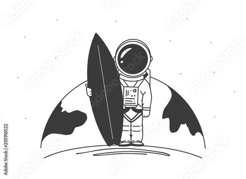 Vector illustration: Hand drawn line astronaut surfer with surfboard,