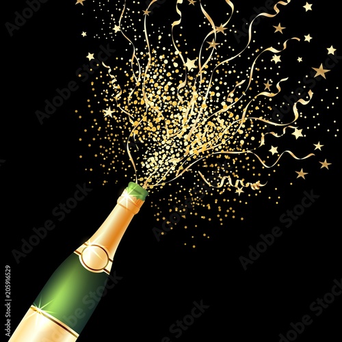 Confetti bottle champagne background. Black celebration party invitation background with opening champagne bottle with confetti and gold stars, vector illustration