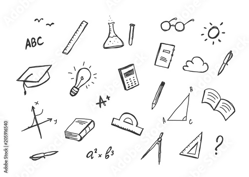 Vector hand drawn set of doddles supplies on white background.
