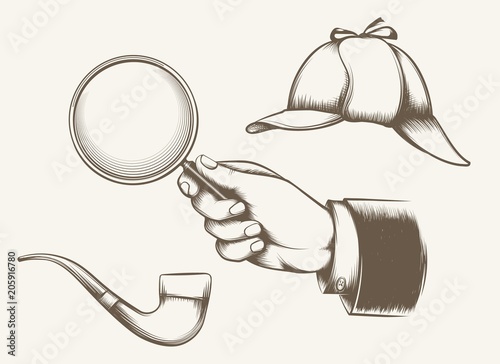 Vintage detective elements. Hand with magnifying glass, smoking pipe and hat inspired by sir Arthur Conan Doyle novels hand drawn vector illustration photo