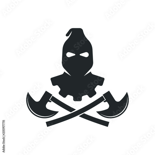Masked executioner crossed axes logo. Hangman, torturer, executor, tormentor, butcher, headsman icon