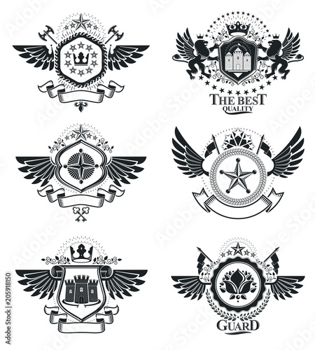 Vintage heraldry design templates  vector emblems. Collection of symbols in vintage style.