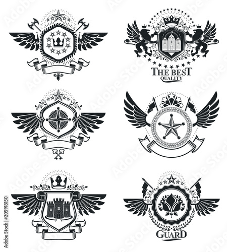 Vintage heraldry design templates, vector emblems. Collection of symbols in vintage style.