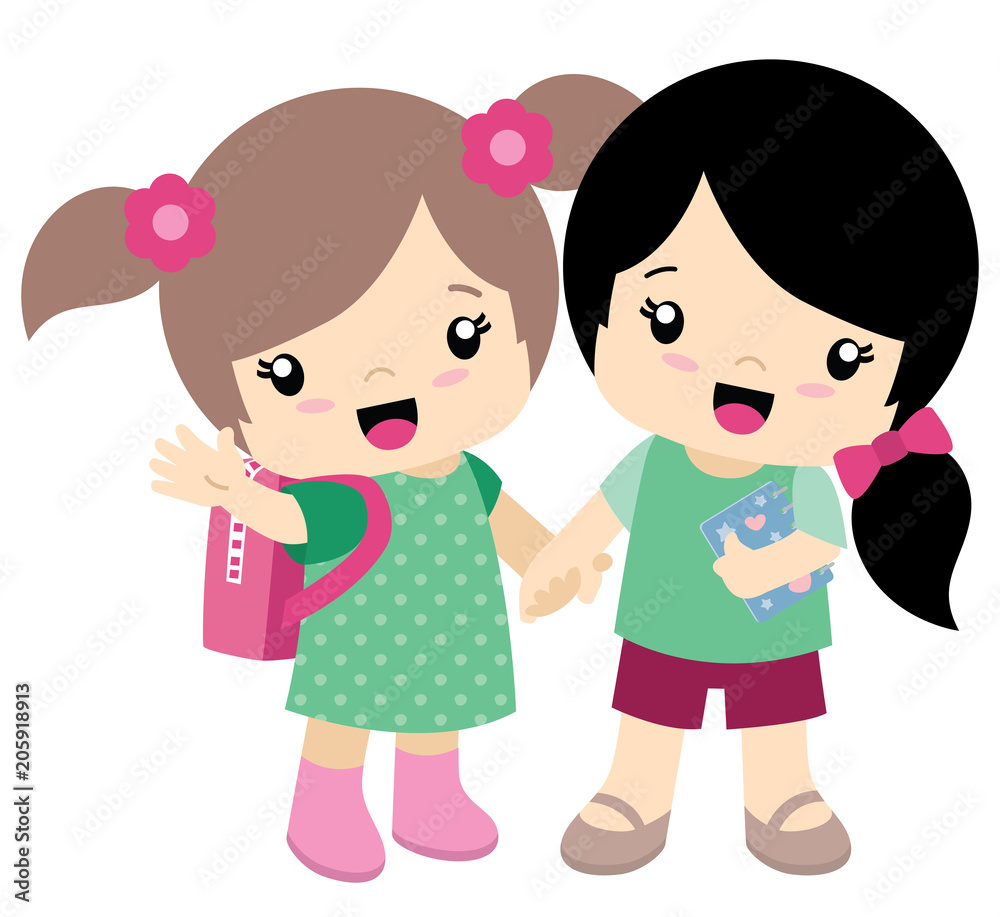 Cute Little Girl Friends Holding Hands Waving Flat Vector Illustration Isolated on White Cute Little Girl Friends Holding Hands Waving Flat Vector Illustration Isolated on White