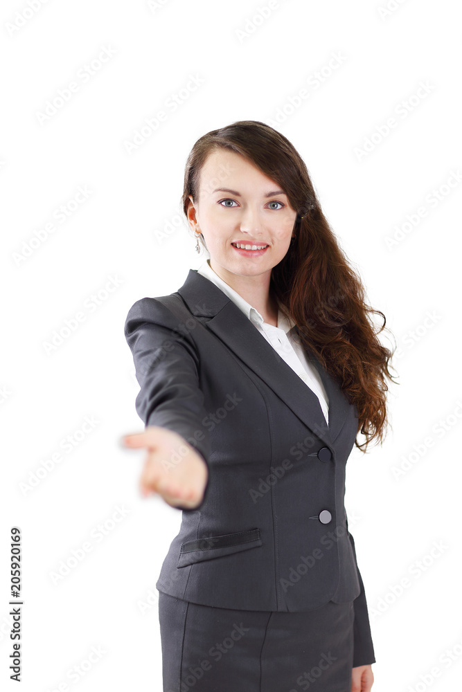 friendly business woman stretching hand for handshake . friendly business woman stretching hand for handshake .