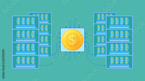 GPU is a mining farm in a flat style. Concept of equipment formining crypto currency on video cards. Vector illustration