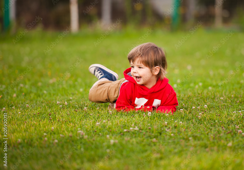 joyful boy fell on the football field joyful boy fell on the football field