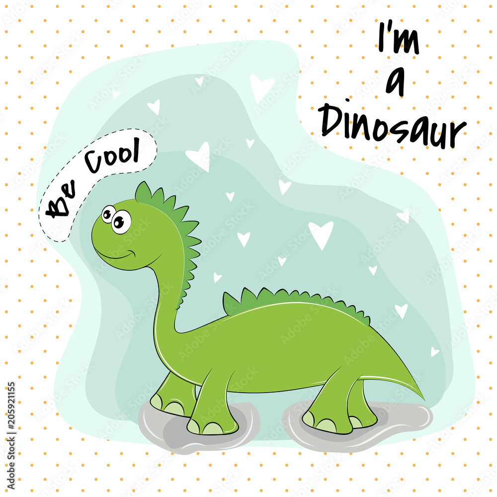 Naklejka premium Cute cartoon green dinosaur on a blue background.