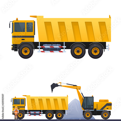 Vector dumper and road worker, illustration of road works truck on road, worker in helmet, vector yellow dump truck