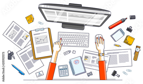 Business analysis, office worker or entrepreneur business woman working on a PC computer and papers with financial analytics, top view of work desk with stationery and documents and hands. Vector.