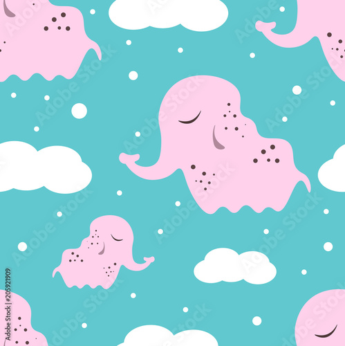 Cute seamless childish pattern for kids in scandinavian style with elephant.