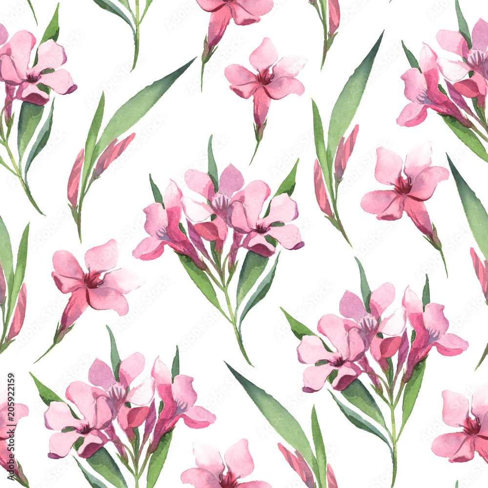 Watercolor seamless pattern of pink flowers and green leaves on white background.