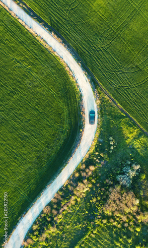 Road and car on the field. Agricultural landscape from air