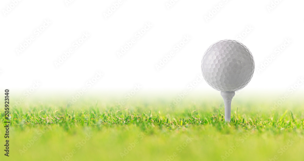 Golf ball on tee on green grass on white background, Golf court Golf ball on tee on green grass on white background, Golf court