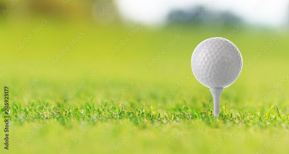 Golf ball on tee on green grass, golf court Golf ball on tee on green grass, golf court