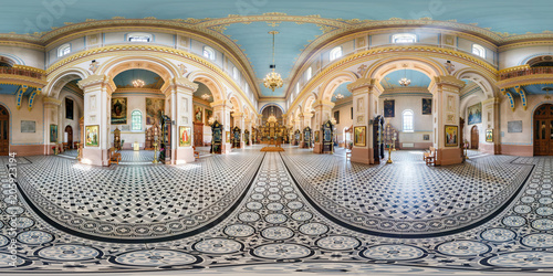full seamless panorama 360 by 180 angle view in interior of luxury orthodox church in equirectangular projection, skybox VR content