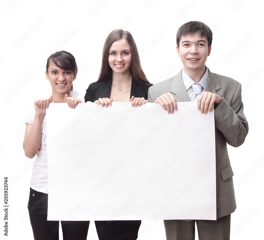 successful business team holding a blank banner. successful business team holding a blank banner.
