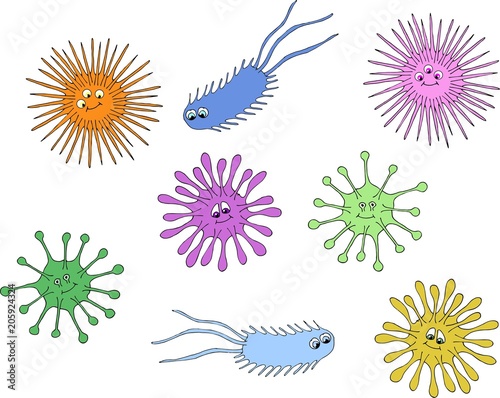 Bacteria and germs colorful set, micro-organisms disease-causing objects, bacteria. Vector cartoon illustration.