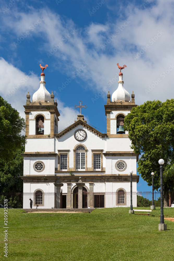 View of square and church in the historic city of Vassouras, Rio de Janeiro on sunny day.