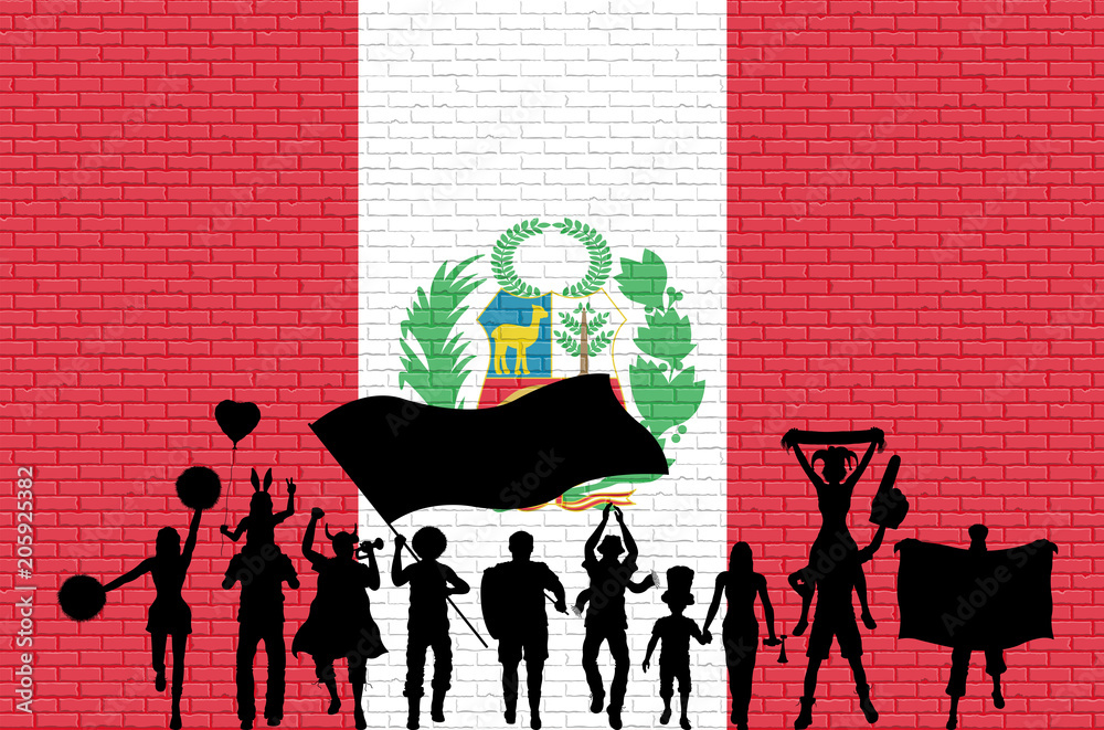 Fototapeta premium Peruvian supporter silhouette in front of brick wall with Peru flag