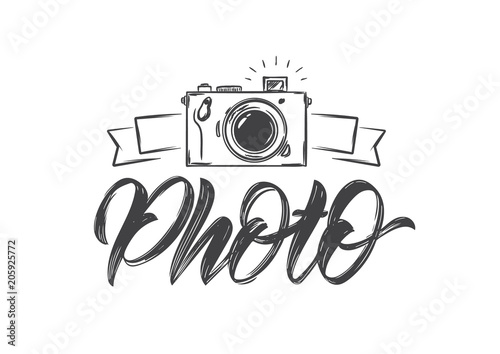 Handwritten calligraphic lettering of Photo with hand drawn camera