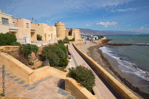 Coast promenade and Roquetas del Mar castle de Santa Ana Costa de Almería, Andalucía Spain 