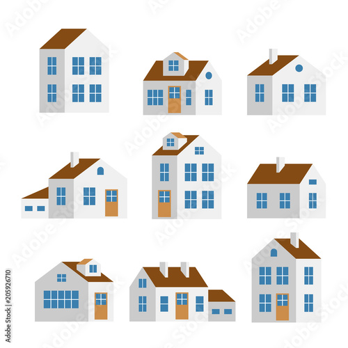 Small and big white flat cartoon houses. Isolated vector set. Cute children illustration.