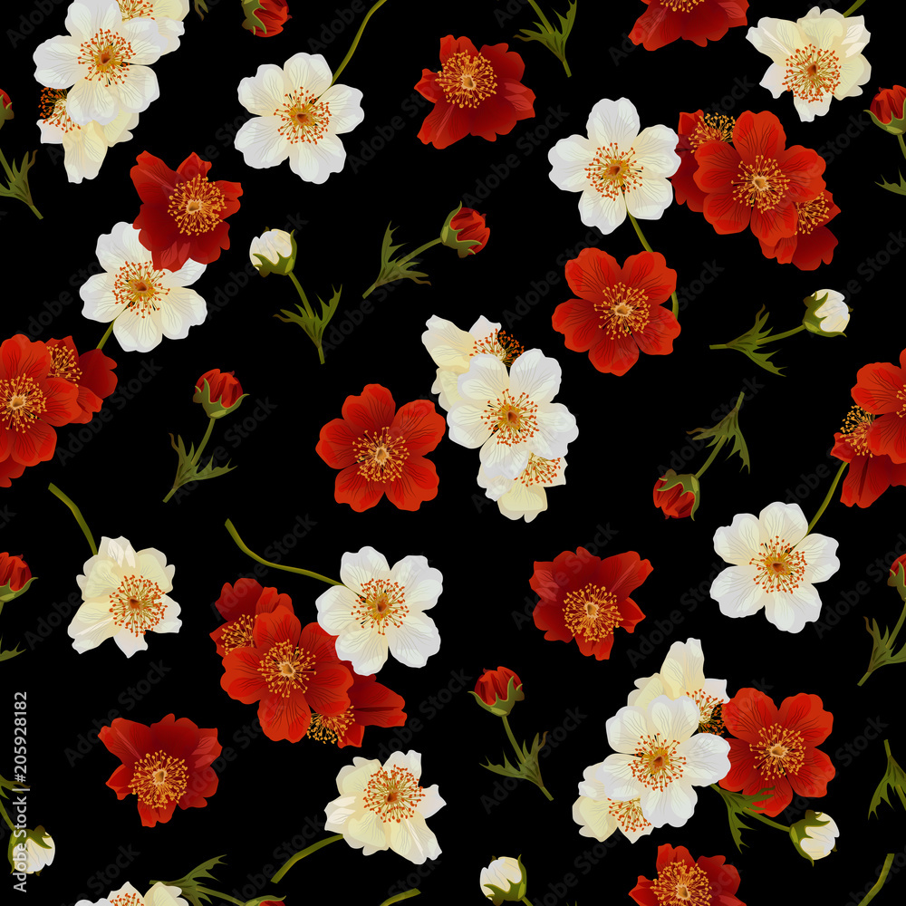 Vector seamless pattern with red and white flowers on black. Modern floral pattern for textile, wallpaper, print, gift wrap, greeting or wedding background. Spring or summer design.