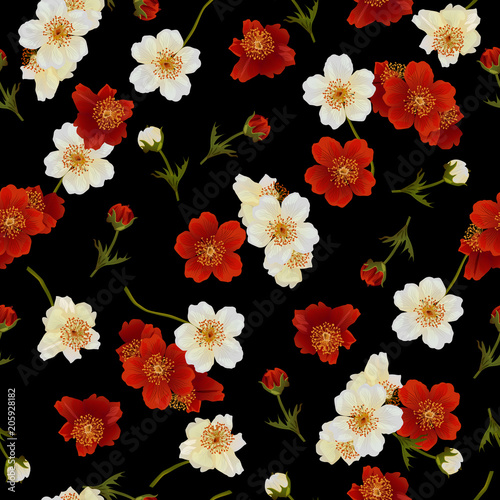 Vector seamless pattern with red and white flowers on black. Modern floral pattern for textile  wallpaper  print  gift wrap  greeting or wedding background. Spring or summer design.