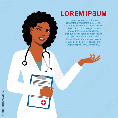 Beautiful african american ethnic woman doctor isolated on blue background. woman doctor with stethoscope