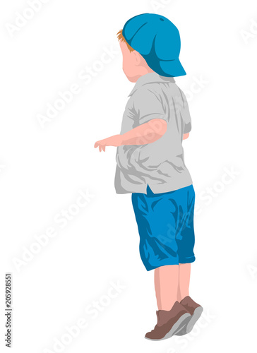 A little boy dressed in a blue cap and shorts and a gray shirt. Standing on tiptoe. Vector illustration
