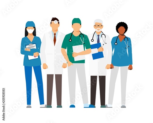 Doctors and assistant in a dressing gown with a stethoscope isolated on a white background. Doctor without a face. vector illustration