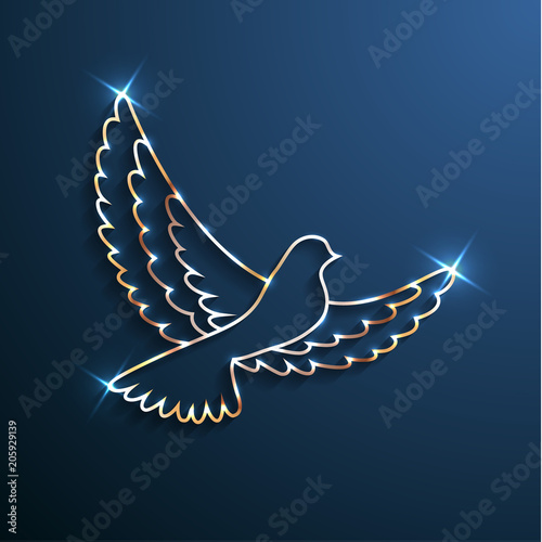 Golden shiny dove silhouette with sparkles on blue background - eps10 vector illustration