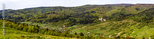panorama of ukrainian village Urych near the place of Tustan fortress - a Medieval cliff-side fortress-city, archaeological and natural monument in Lviv region of Western Ukraine
