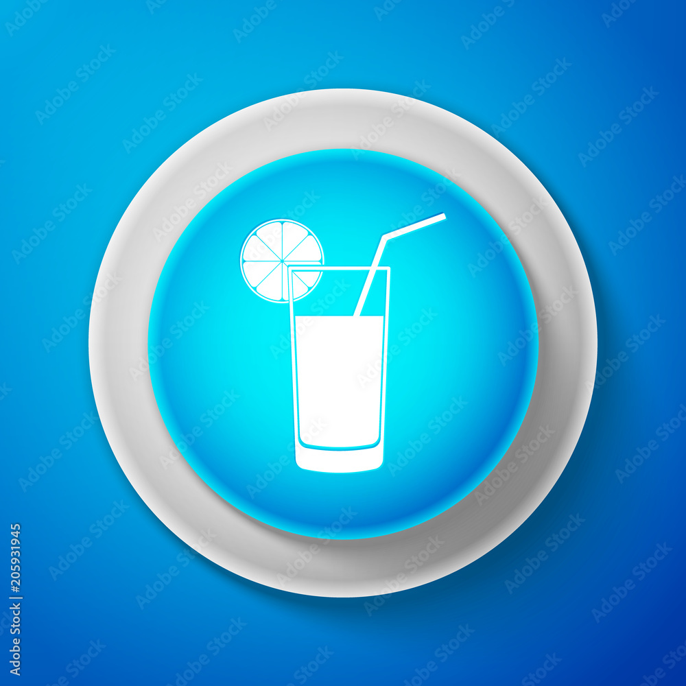 White Glass of juice icon isolated on blue background. Orange slice and tube for drinking. Healthy organic food. Circle blue button with white line. Vector Illustration White Glass of juice icon isolated on blue background. Orange slice and tube for drinking. Healthy organic food. Circle blue button with white line. Vector Illustration