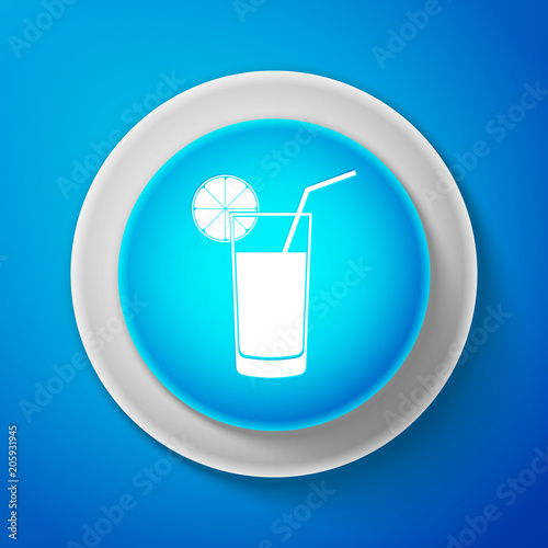 White Glass of juice icon isolated on blue background. Orange slice and tube for drinking. Healthy organic food. Circle blue button with white line. Vector Illustration