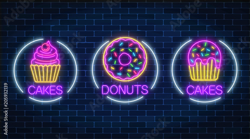 Set of three neon glowing signs of donut and cakes in circle frames. Fastfood light billboard symbol.