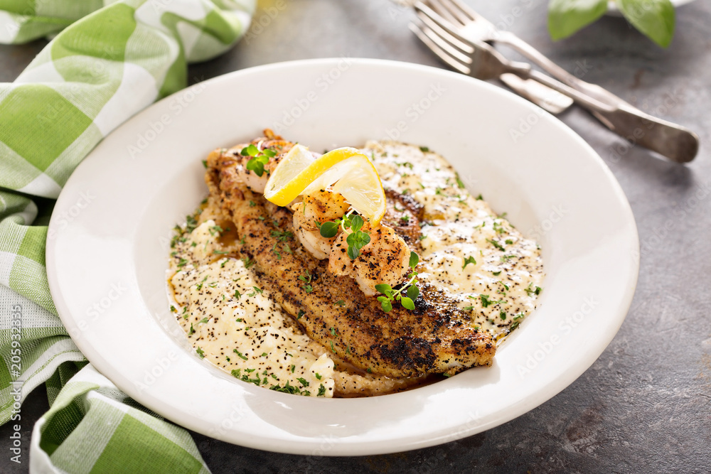 Grits with fried fish and shrimp Grits with fried fish and shrimp