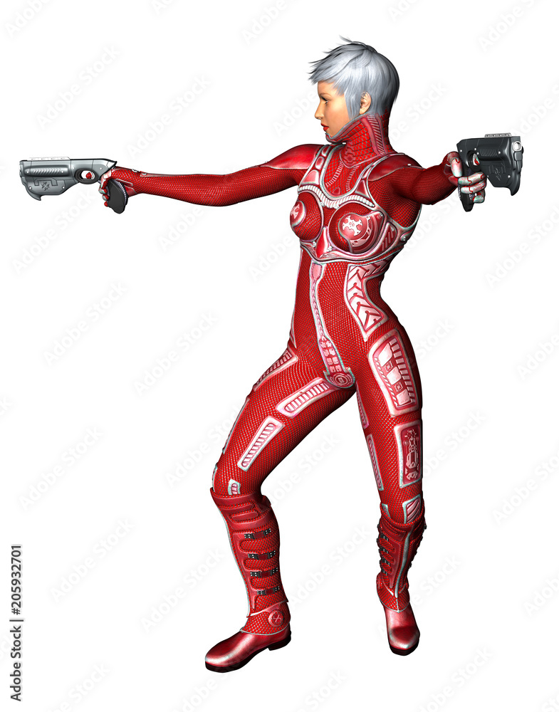 Sci fi warrior woman, holding guns in both hands. White background. 3D rendering. Sci fi warrior woman, holding guns in both hands. White background. 3D rendering.